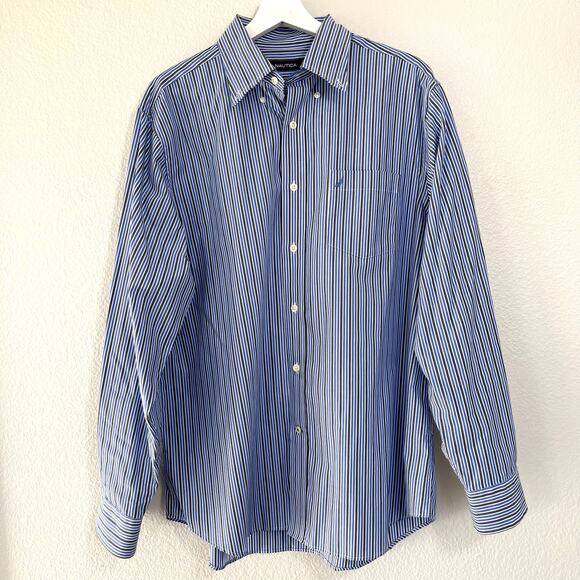 Nautica Mens Blue Stripe Dress Shirt Wrinkle Resist Button Down Shirt Size Large - Picture 1 of 8